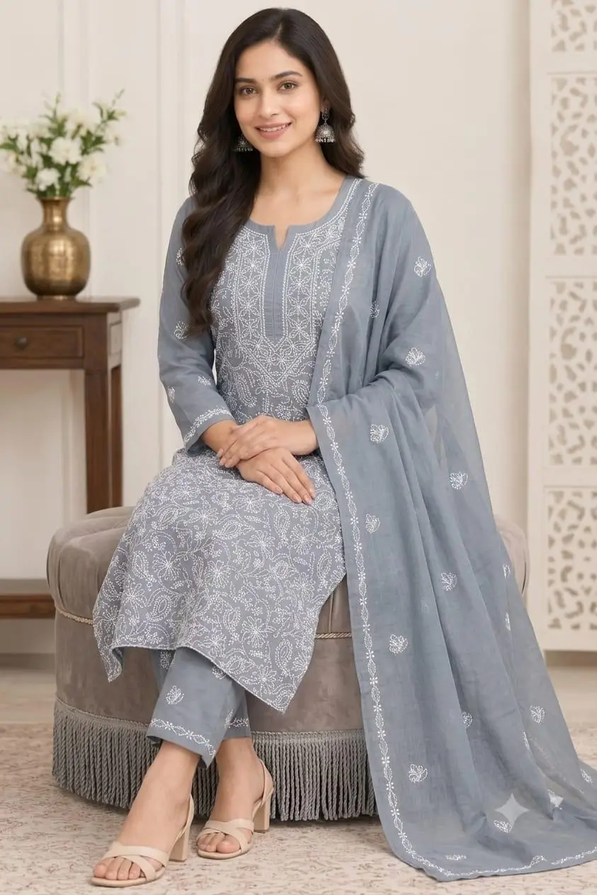 LCF CHIKAN EMBROIDERY MAL COTTON UNSTITCHED DRESS MATERIAL( KURTI DUPATTA & BOTTOM)-GREY view 4