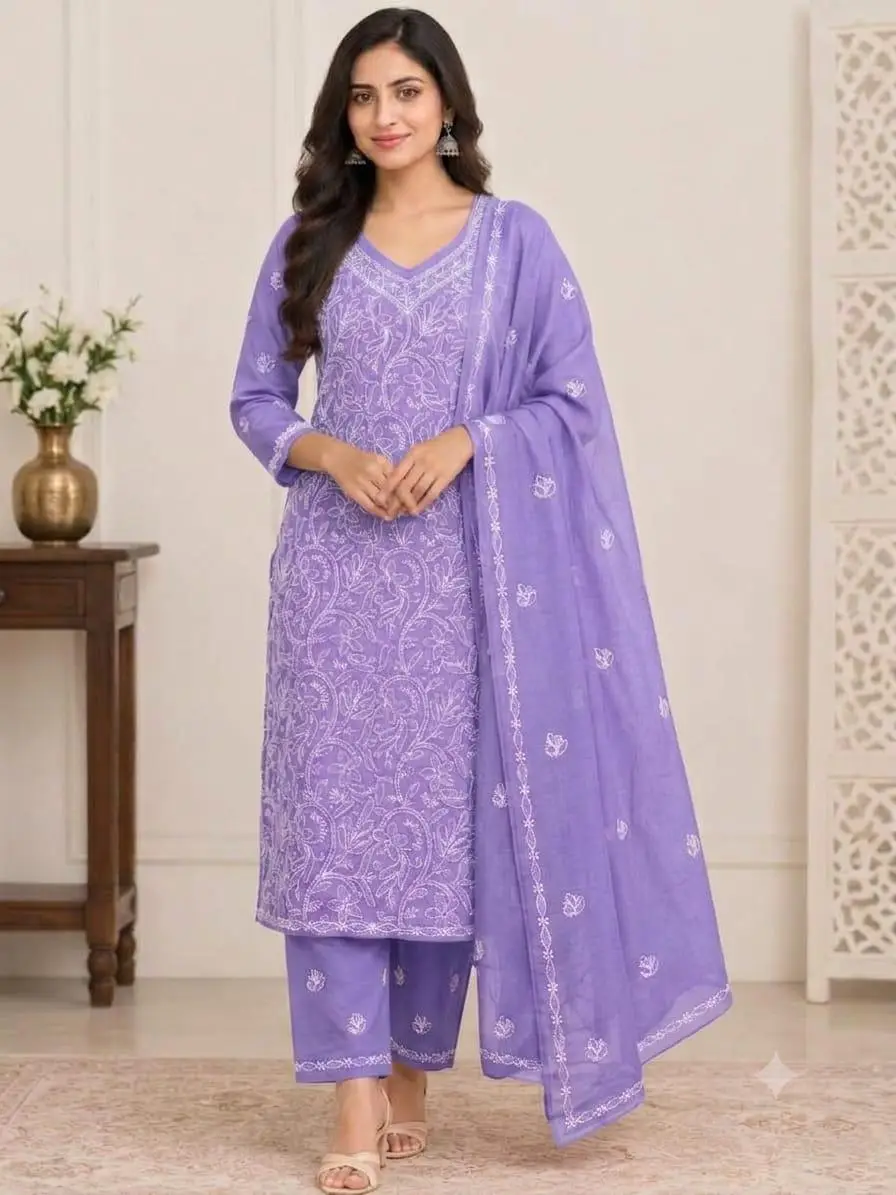 LCF CHIKAN EMBROIDERY MAL COTTON UNSTITCHED DRESS MATERIAL( KURTI DUPATTA & BOTTOM)- LAVENDER