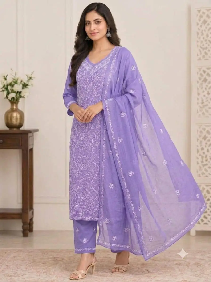 LCF CHIKAN EMBROIDERY MAL COTTON UNSTITCHED DRESS MATERIAL( KURTI DUPATTA & BOTTOM)- LAVENDER view 2
