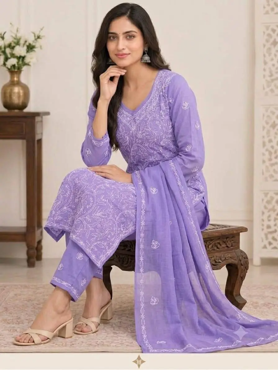 LCF CHIKAN EMBROIDERY MAL COTTON UNSTITCHED DRESS MATERIAL( KURTI DUPATTA & BOTTOM)- LAVENDER view 3