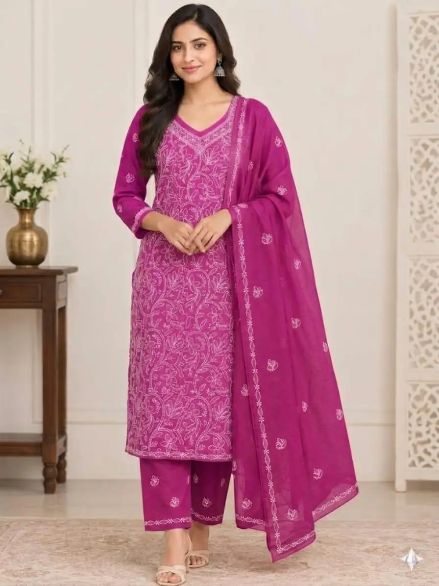 LCF CHIKAN EMBROIDERY MAL COTTON UNSTITCHED DRESS MATERIAL( KURTI DUPATTA & BOTTOM)- MAGENTA