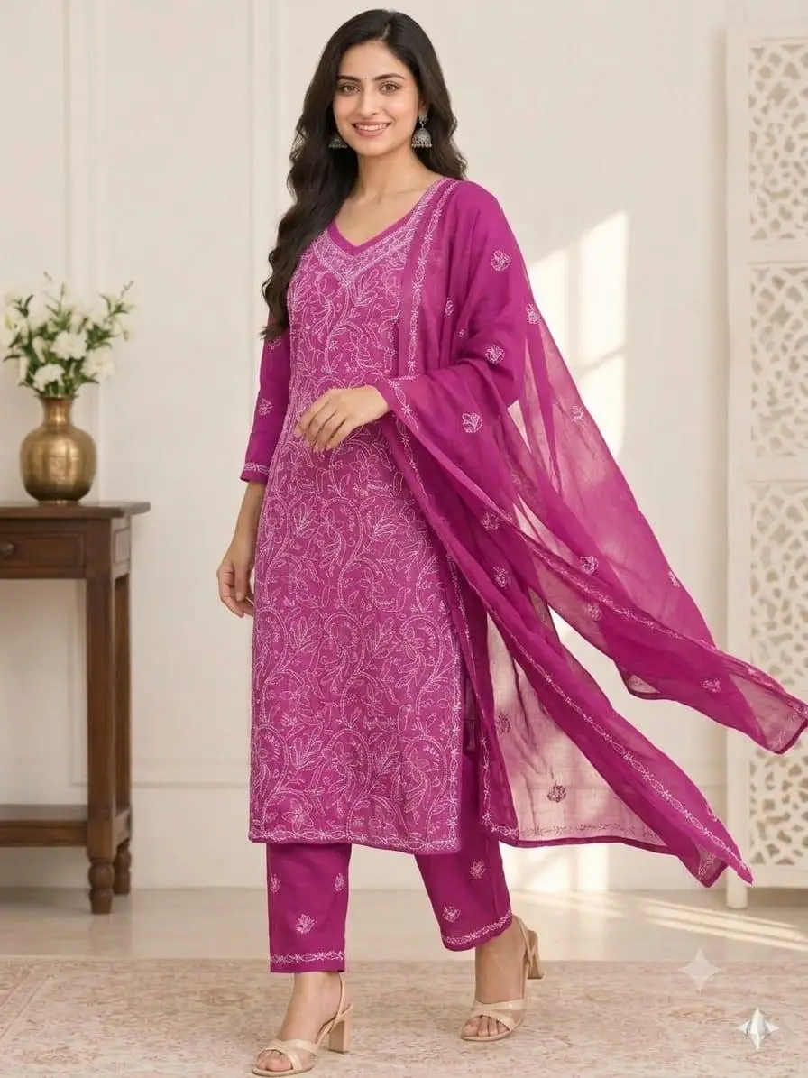 LCF CHIKAN EMBROIDERY MAL COTTON UNSTITCHED DRESS MATERIAL( KURTI DUPATTA & BOTTOM)- MAGENTA view 2