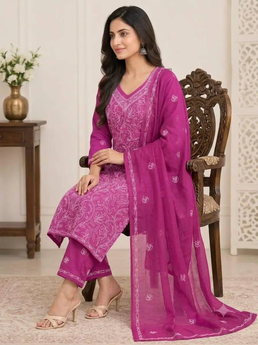 LCF CHIKAN EMBROIDERY MAL COTTON UNSTITCHED DRESS MATERIAL( KURTI DUPATTA & BOTTOM)- MAGENTA view 3