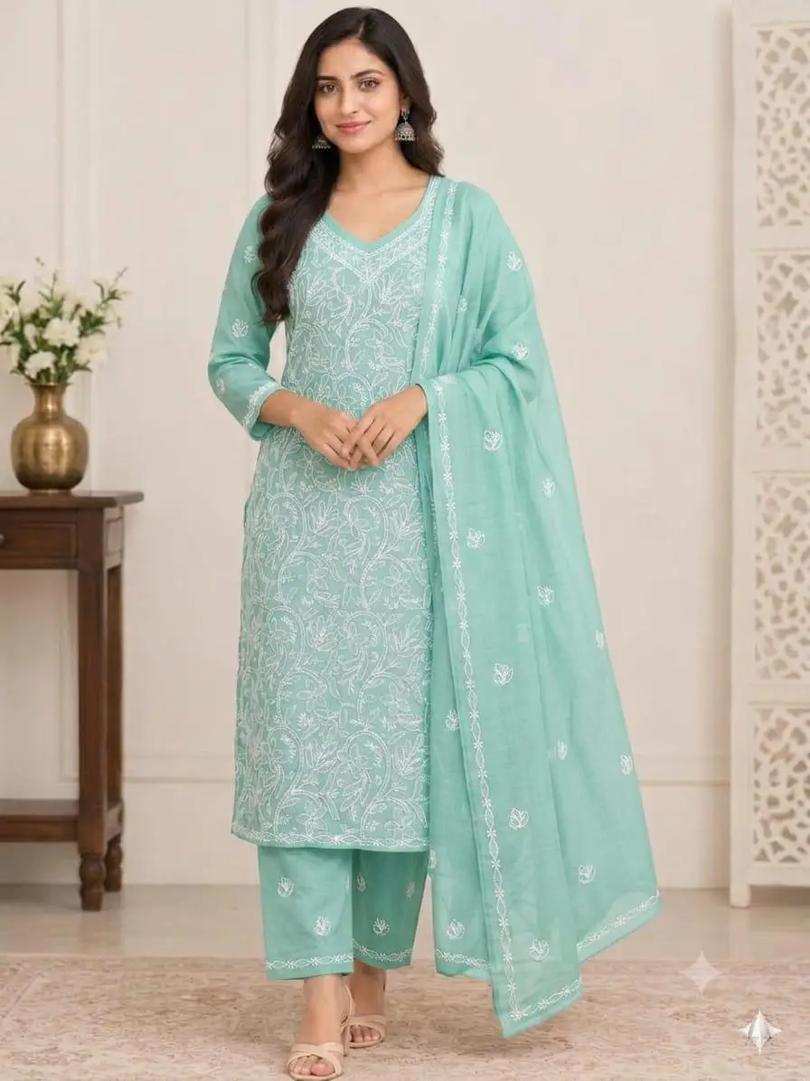 LCF CHIKAN EMBROIDERY MAL COTTON UNSTITCHED DRESS MATERIAL( KURTI DUPATTA & BOTTOM)- MINT BLUE