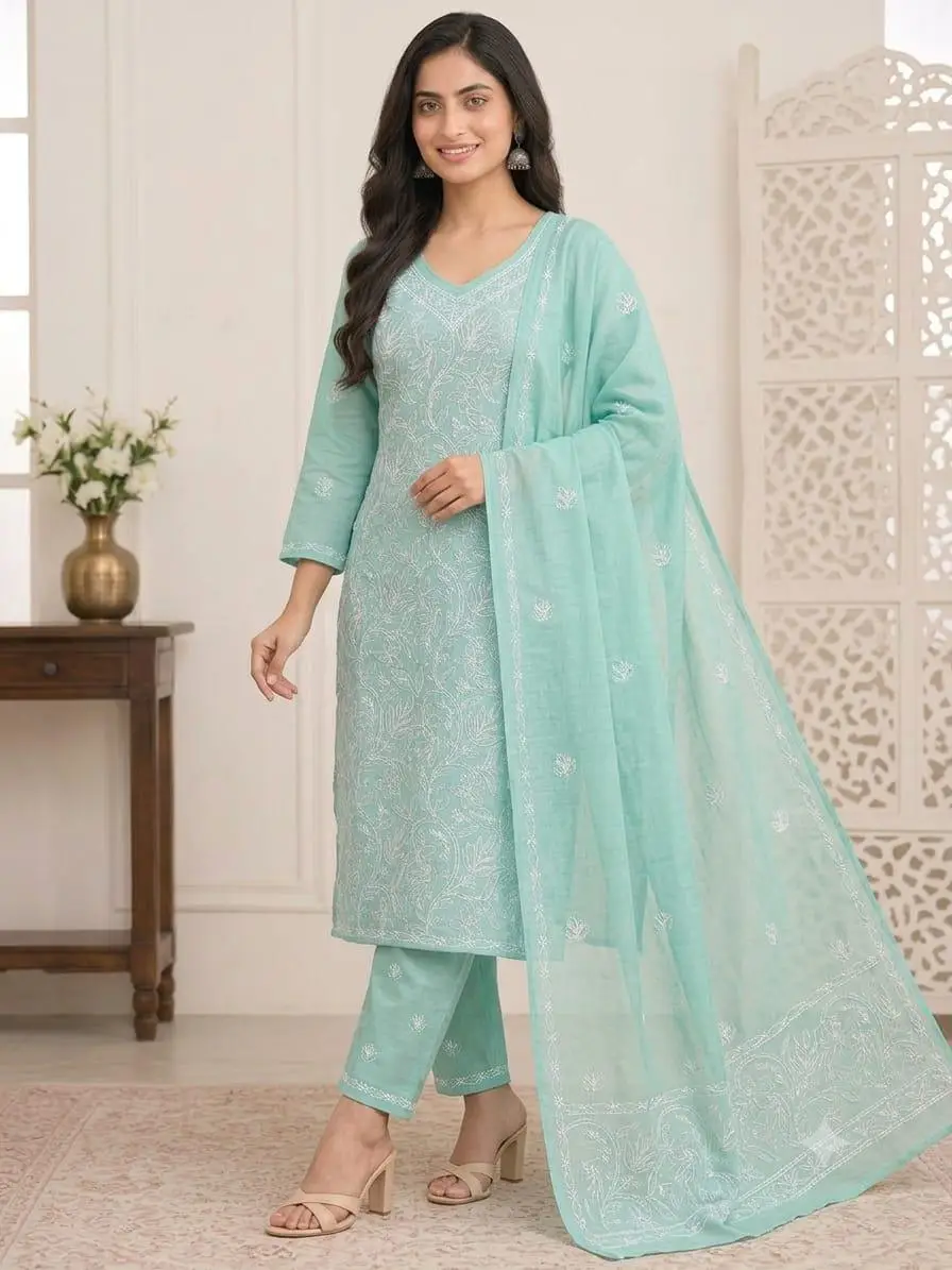 LCF CHIKAN EMBROIDERY MAL COTTON UNSTITCHED DRESS MATERIAL( KURTI DUPATTA & BOTTOM)- MINT BLUE view 2