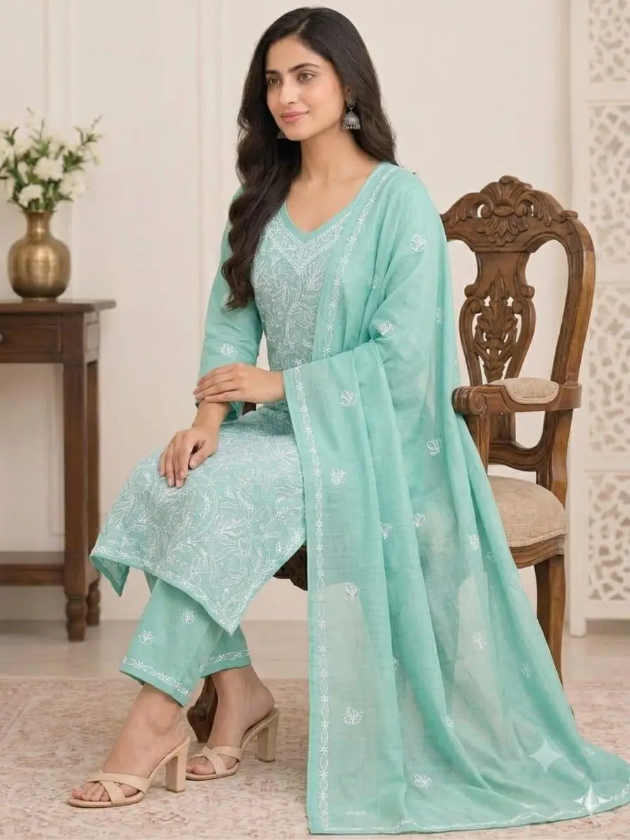 LCF CHIKAN EMBROIDERY MAL COTTON UNSTITCHED DRESS MATERIAL( KURTI DUPATTA & BOTTOM)- MINT BLUE view 3
