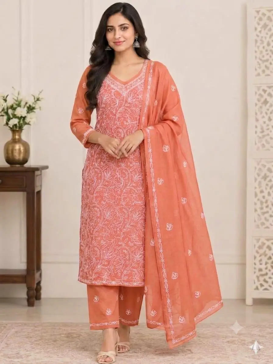 LCF CHIKAN EMBROIDERY MAL COTTON UNSTITCHED DRESS MATERIAL( KURTI DUPATTA & BOTTOM)- PEACH