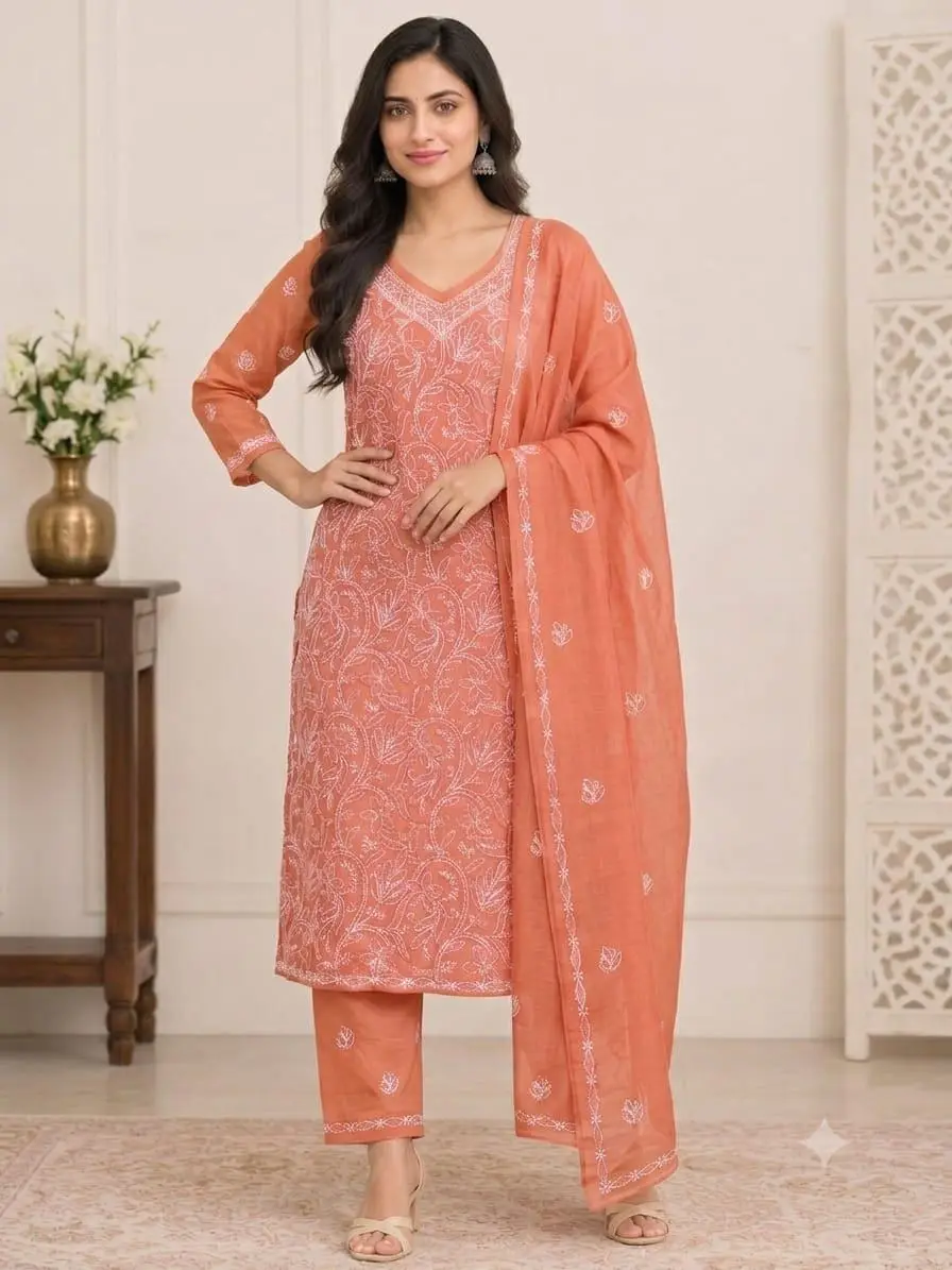 LCF CHIKAN EMBROIDERY MAL COTTON UNSTITCHED DRESS MATERIAL( KURTI DUPATTA & BOTTOM)- PEACH view 2