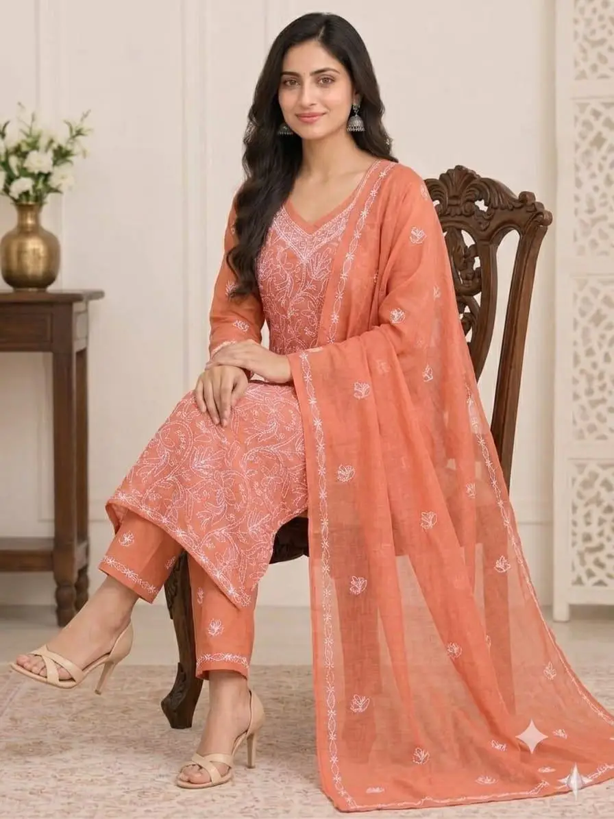 LCF CHIKAN EMBROIDERY MAL COTTON UNSTITCHED DRESS MATERIAL( KURTI DUPATTA & BOTTOM)- PEACH view 3