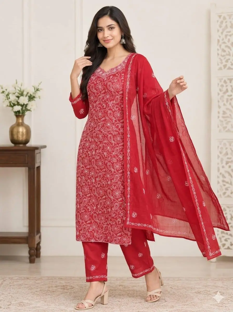 LCF CHIKAN EMBROIDERY MAL COTTON UNSTITCHED DRESS MATERIAL( KURTI DUPATTA & BOTTOM)- RED