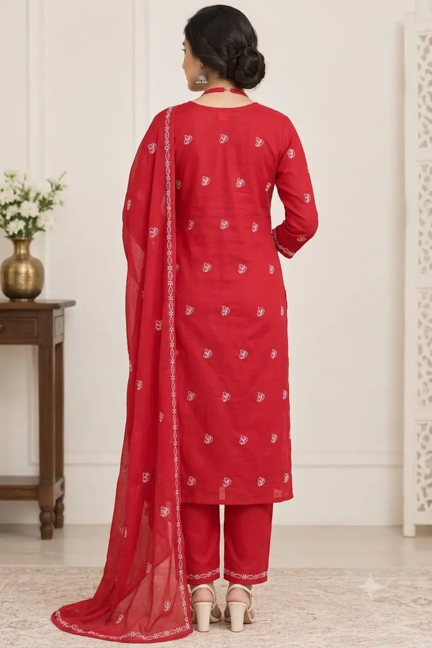 LCF CHIKAN EMBROIDERY MAL COTTON UNSTITCHED DRESS MATERIAL( KURTI DUPATTA & BOTTOM)- RED view 2
