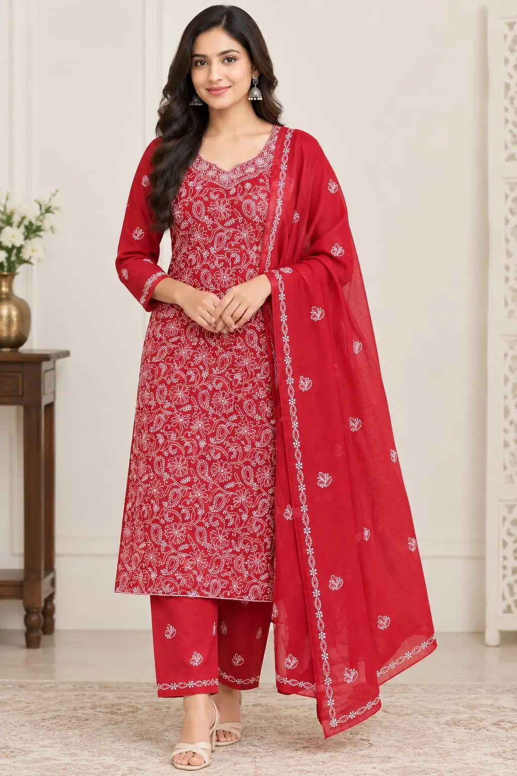 LCF CHIKAN EMBROIDERY MAL COTTON UNSTITCHED DRESS MATERIAL( KURTI DUPATTA & BOTTOM)- RED view 3