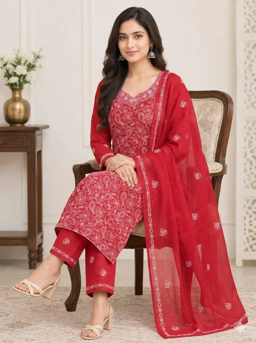 LCF CHIKAN EMBROIDERY MAL COTTON UNSTITCHED DRESS MATERIAL( KURTI DUPATTA & BOTTOM)- RED view 4