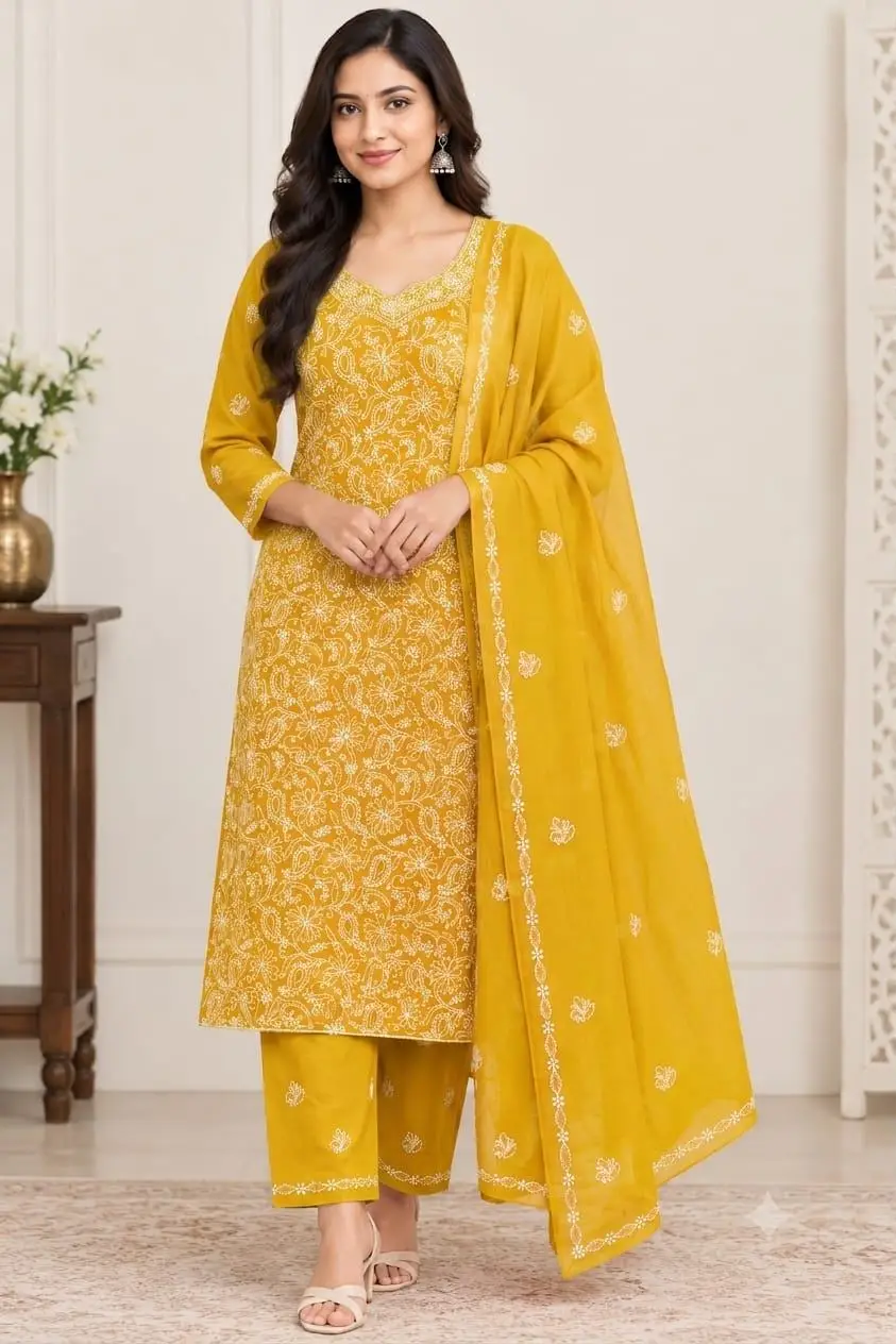 LCF CHIKAN EMBROIDERY MAL COTTON UNSTITCHED DRESS MATERIAL( KURTI DUPATTA & BOTTOM)-YELLOW