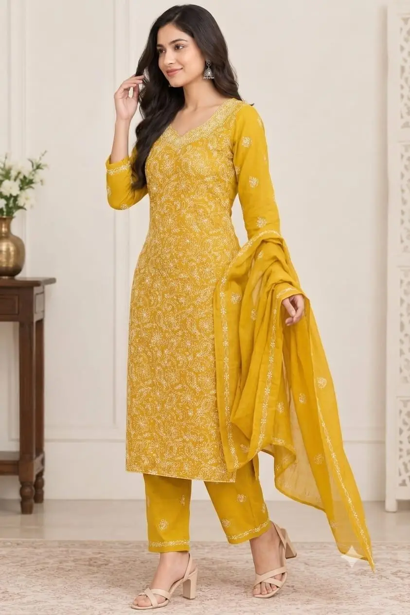 LCF CHIKAN EMBROIDERY MAL COTTON UNSTITCHED DRESS MATERIAL( KURTI DUPATTA & BOTTOM)-YELLOW view 2
