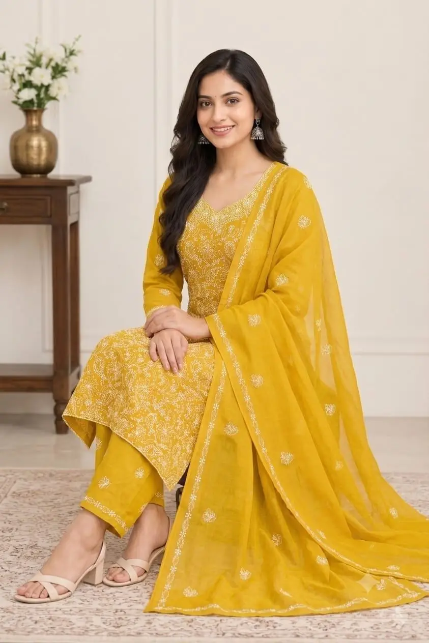 LCF CHIKAN EMBROIDERY MAL COTTON UNSTITCHED DRESS MATERIAL( KURTI DUPATTA & BOTTOM)-YELLOW view 3