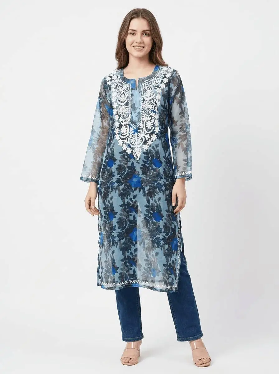 LCF CHIKAN EMBROIDERY ORGANZA PRINTED LONG KURTI - BLUE