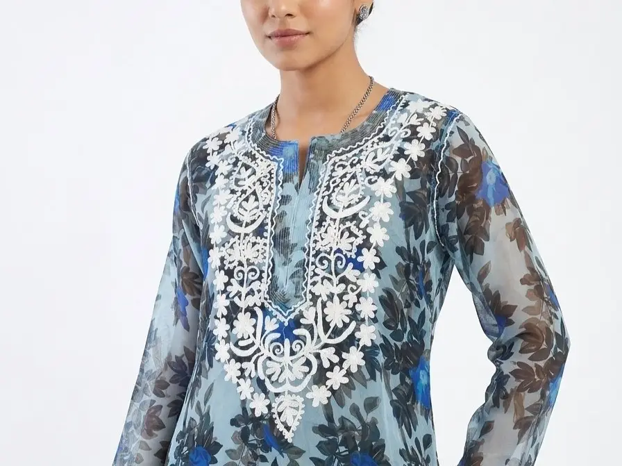 LCF CHIKAN EMBROIDERY ORGANZA PRINTED LONG KURTI - BLUE view 2