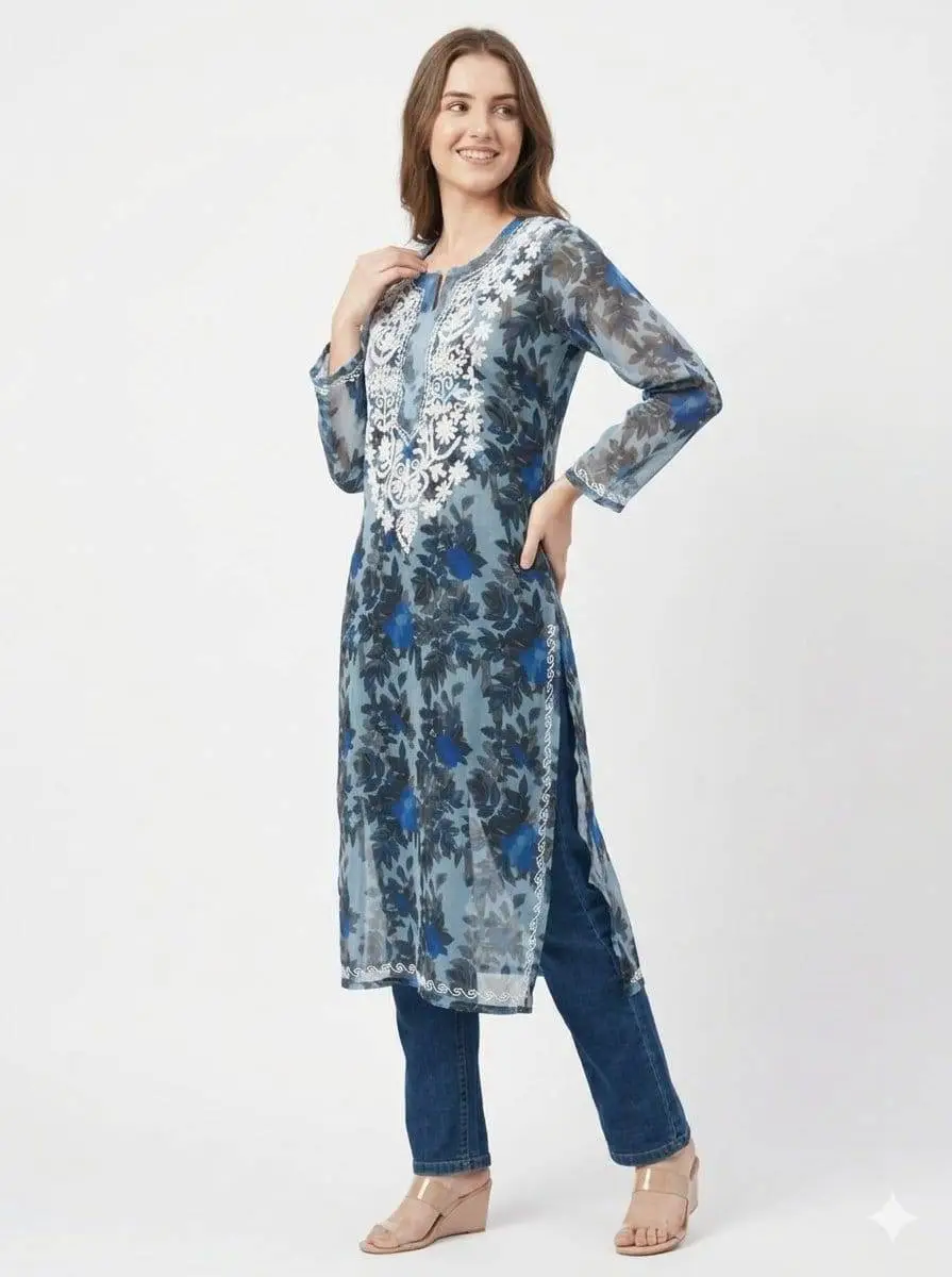LCF CHIKAN EMBROIDERY ORGANZA PRINTED LONG KURTI - BLUE view 3