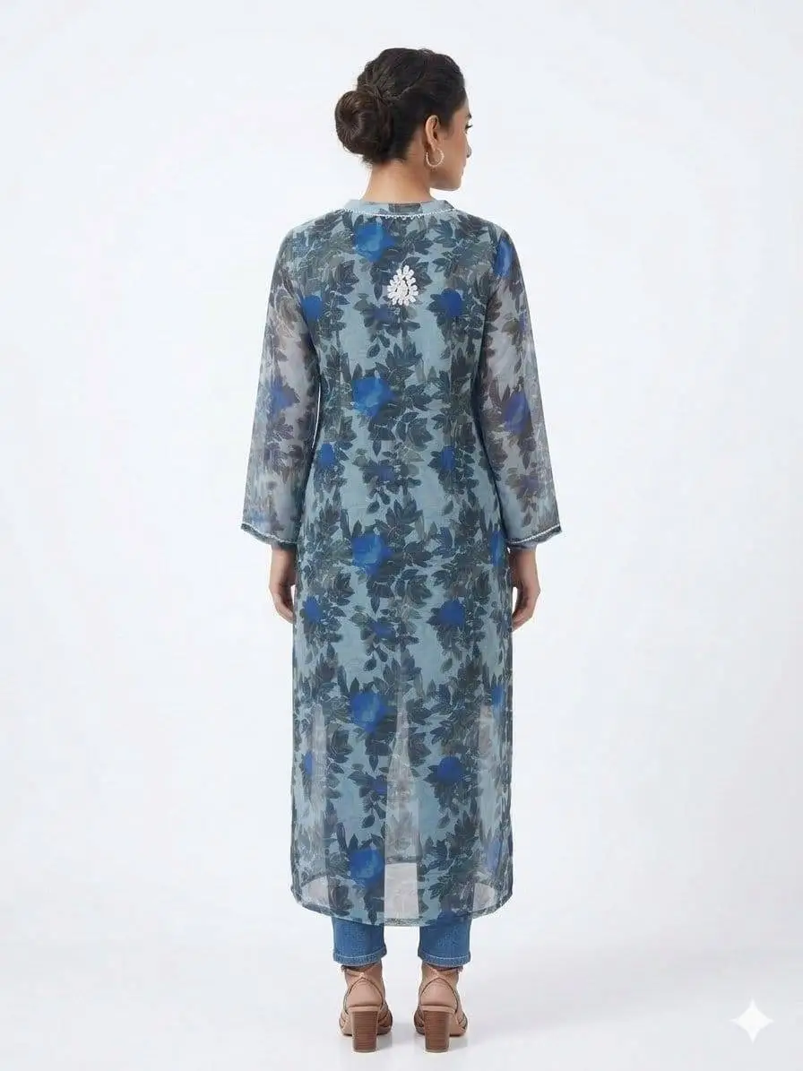 LCF CHIKAN EMBROIDERY ORGANZA PRINTED LONG KURTI - BLUE view 4