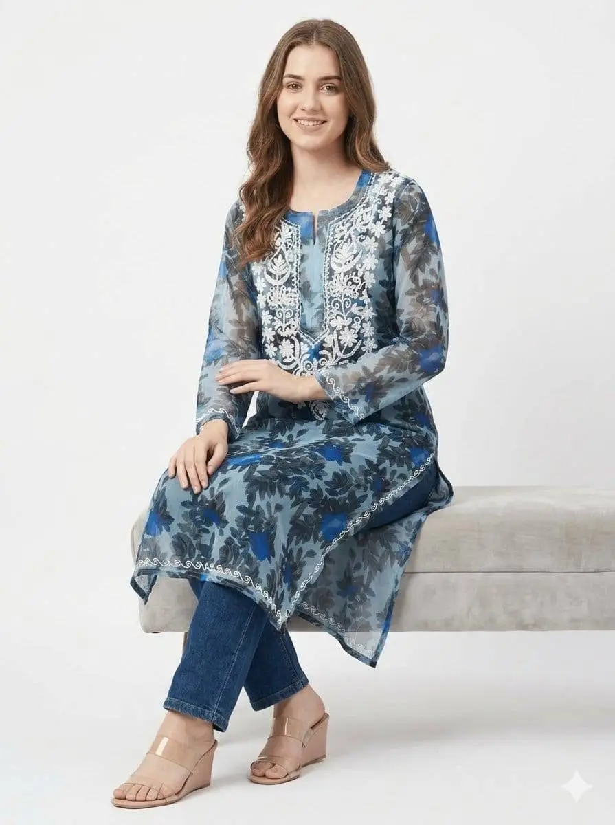 LCF CHIKAN EMBROIDERY ORGANZA PRINTED LONG KURTI - BLUE view 5