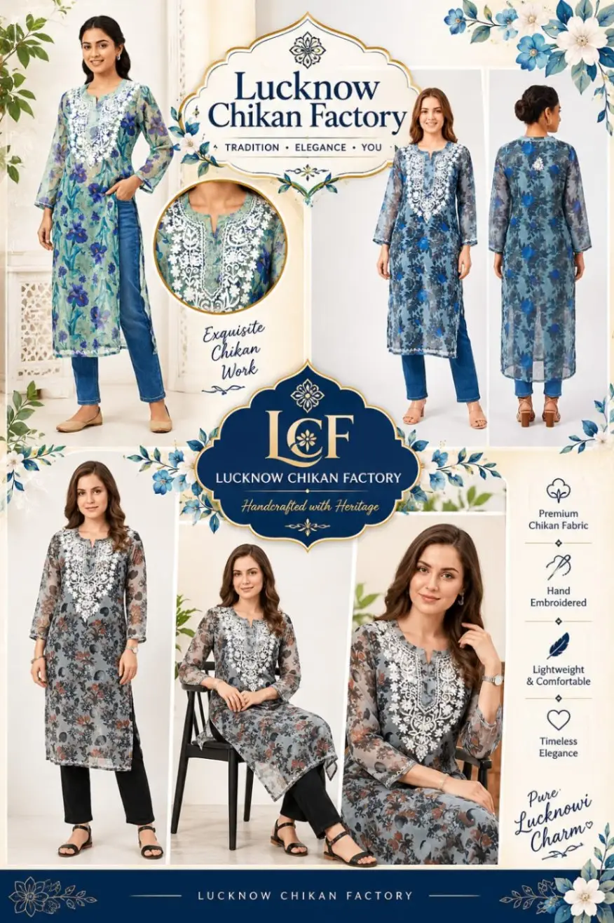 LCF CHIKAN EMBROIDERY ORGANZA PRINTED LONG KURTI - BLUE view 6