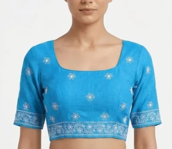 LCF CHIKAN EMBROIDERY MAL COTTON UNSTITCHED BLOUSE PIECE - BLUE view 3