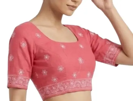 LCF CHIKAN EMBROIDERY MAL COTTON UNSTITCHED BLOUSE PIECE - CARROT