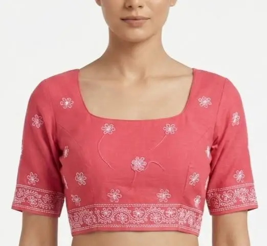 LCF CHIKAN EMBROIDERY MAL COTTON UNSTITCHED BLOUSE PIECE - CARROT view 3