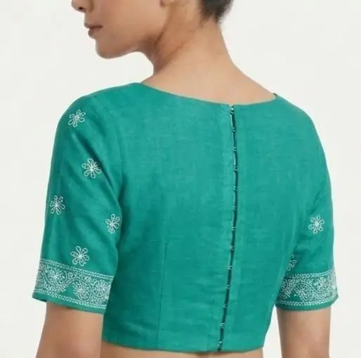 LCF CHIKAN EMBROIDERY MAL COTTON UNSTITCHED BLOUSE PIECE - GREEN view 2