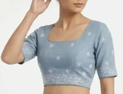 LCF CHIKAN EMBROIDERY MAL COTTON UNSTITCHED BLOUSE PIECE - GREY view 3