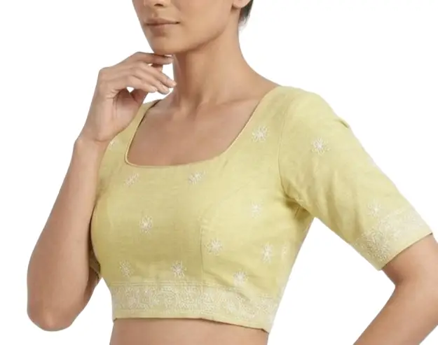 LCF CHIKAN EMBROIDERY MAL COTTON UNSTITCHED BLOUSE PIECE - LEAMON YELLOW