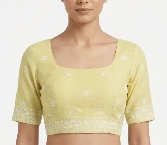 LCF CHIKAN EMBROIDERY MAL COTTON UNSTITCHED BLOUSE PIECE - LEAMON YELLOW view 3