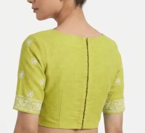 LCF CHIKAN EMBROIDERY MAL COTTON UNSTITCHED BLOUSE PIECE - PARROT GREEN view 2