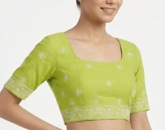 LCF CHIKAN EMBROIDERY MAL COTTON UNSTITCHED BLOUSE PIECE - PARROT GREEN view 3