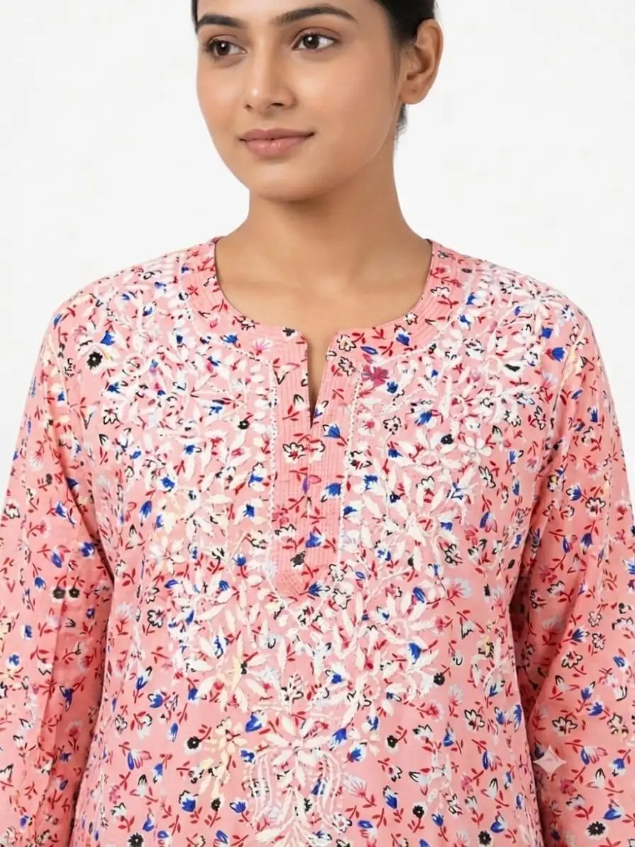 LCF CHIKAN EMBROIDERY AMERICAN CRAPE PRINTED LONG KURTI - PINK view 2