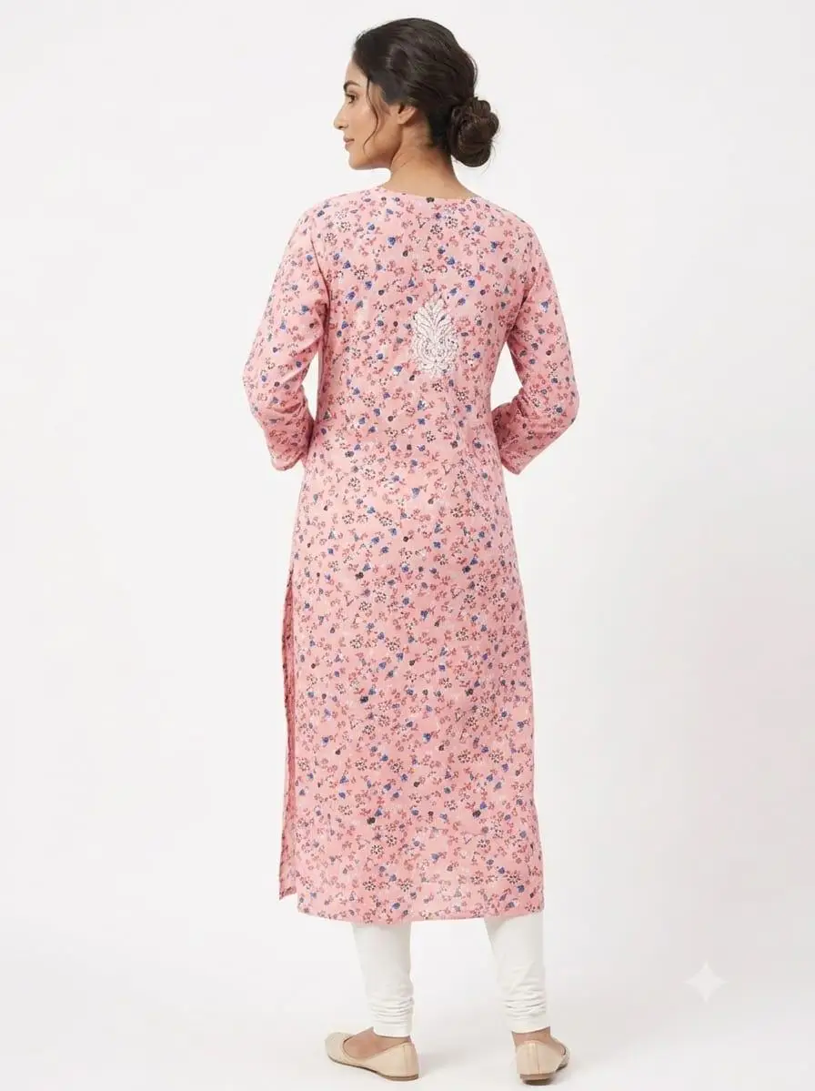 LCF CHIKAN EMBROIDERY AMERICAN CRAPE PRINTED LONG KURTI - PINK view 3