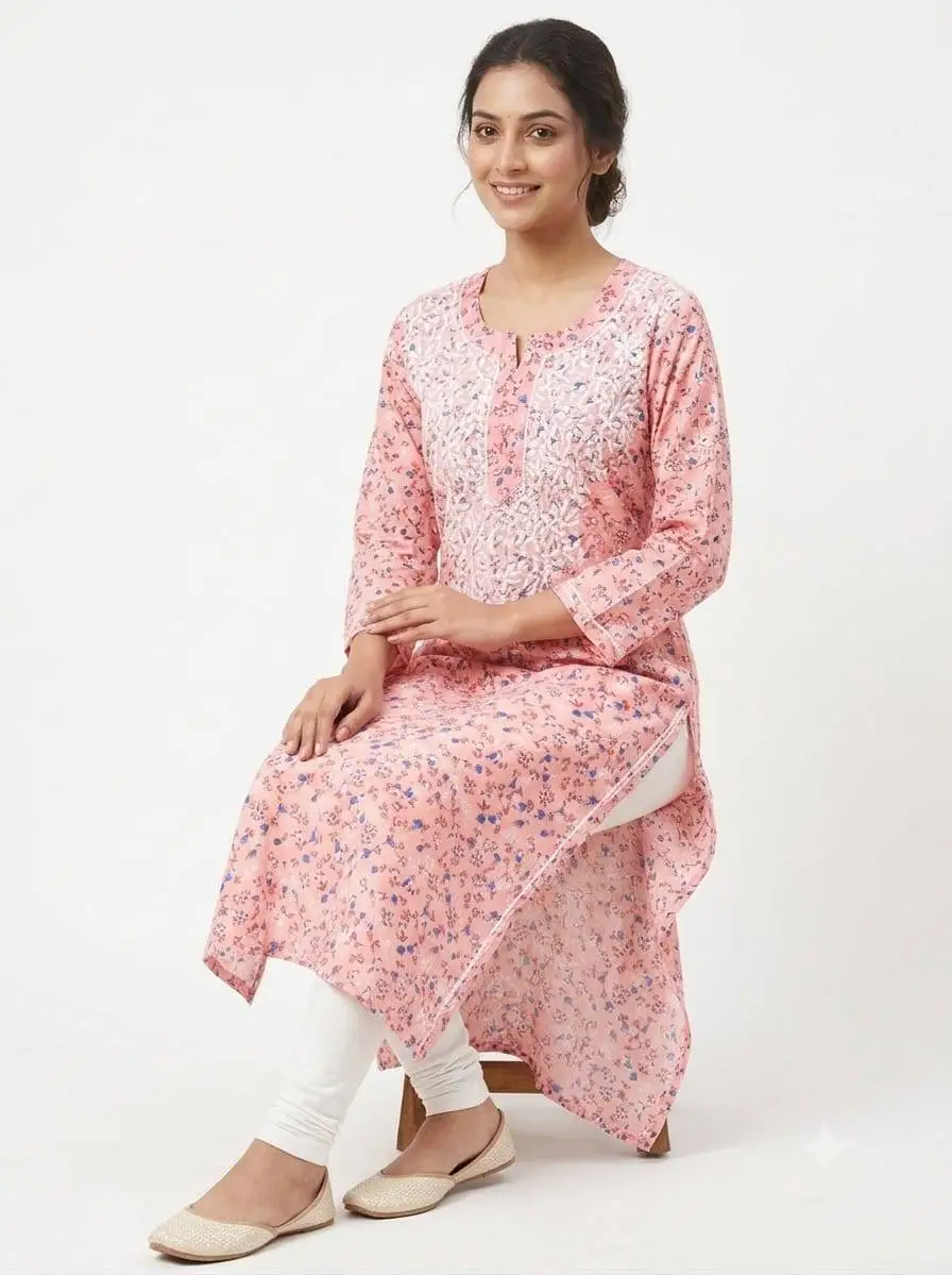 LCF CHIKAN EMBROIDERY AMERICAN CRAPE PRINTED LONG KURTI - PINK view 4