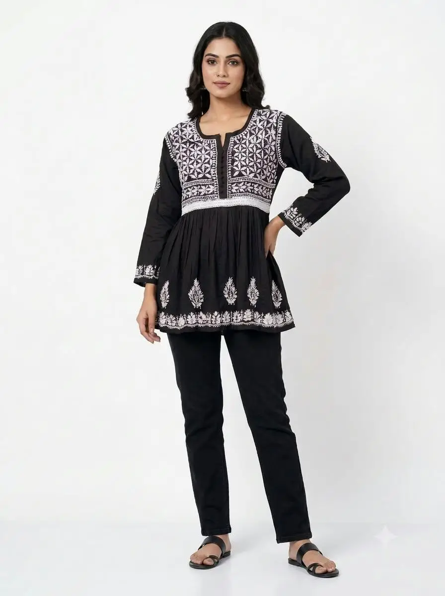 LCF CHIKAN EMBROIDERY FROCK STYLE SHORT TOP - BLACK