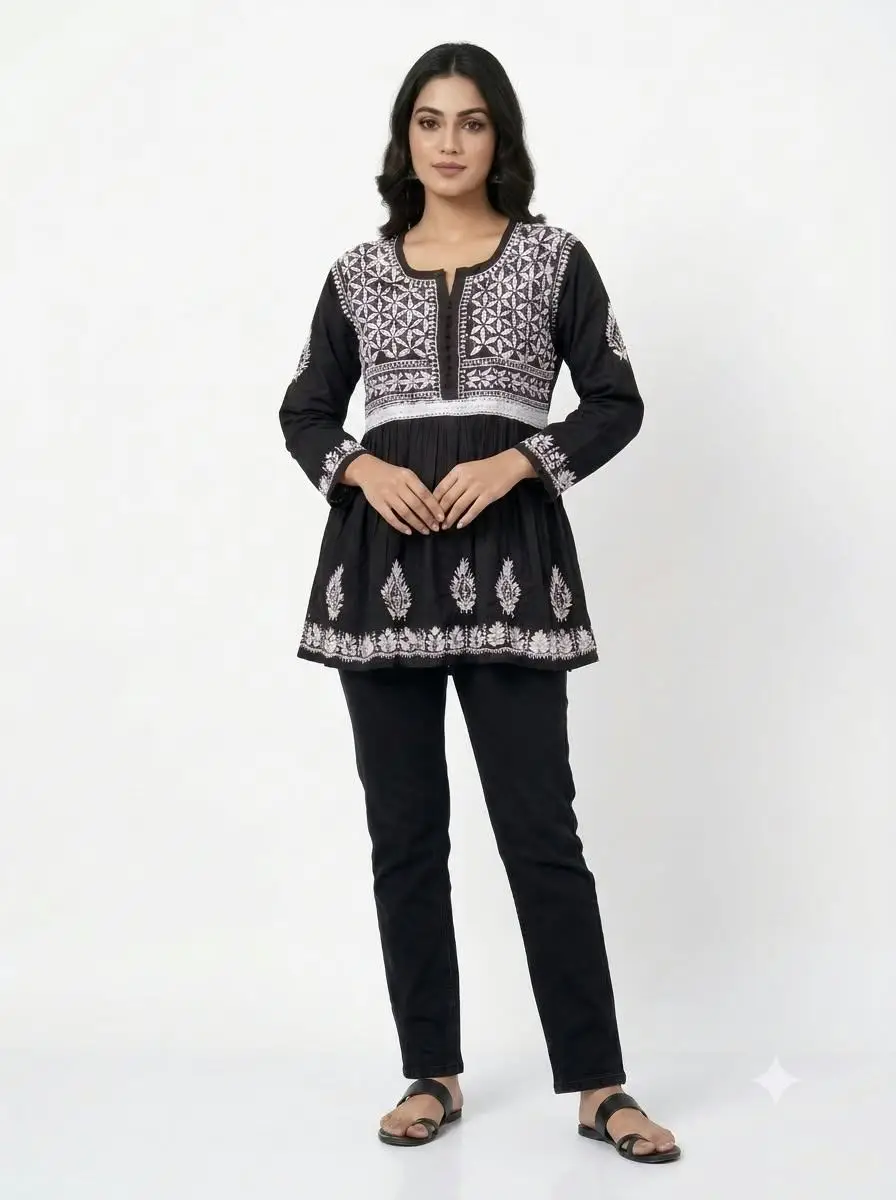 LCF CHIKAN EMBROIDERY FROCK STYLE SHORT TOP - BLACK view 2