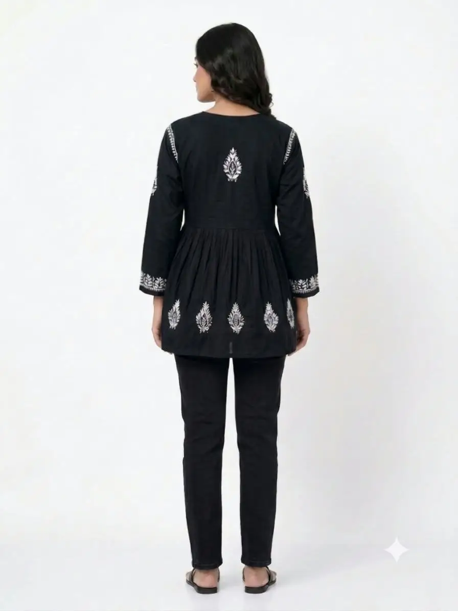 LCF CHIKAN EMBROIDERY FROCK STYLE SHORT TOP - BLACK view 3