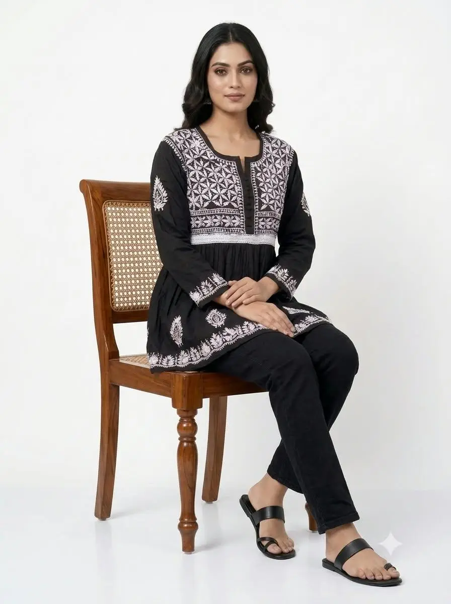 LCF CHIKAN EMBROIDERY FROCK STYLE SHORT TOP - BLACK view 4