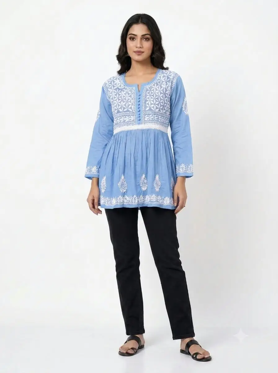 LCF CHIKAN EMBROIDERY FROCK STYLE SHORT TOP - BLUE