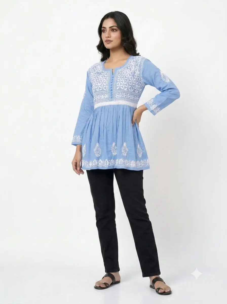 LCF CHIKAN EMBROIDERY FROCK STYLE SHORT TOP - BLUE view 2