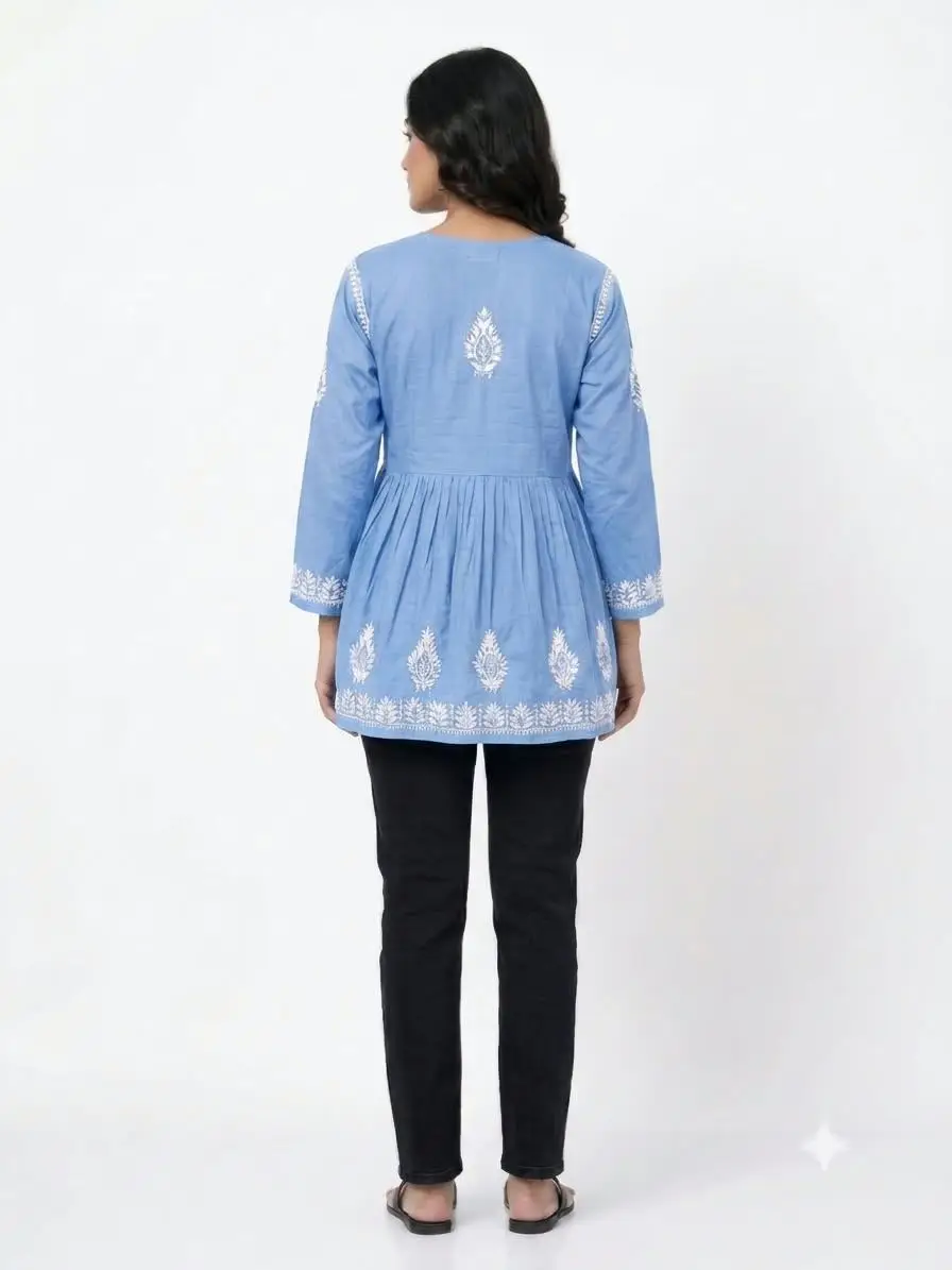 LCF CHIKAN EMBROIDERY FROCK STYLE SHORT TOP - BLUE view 3