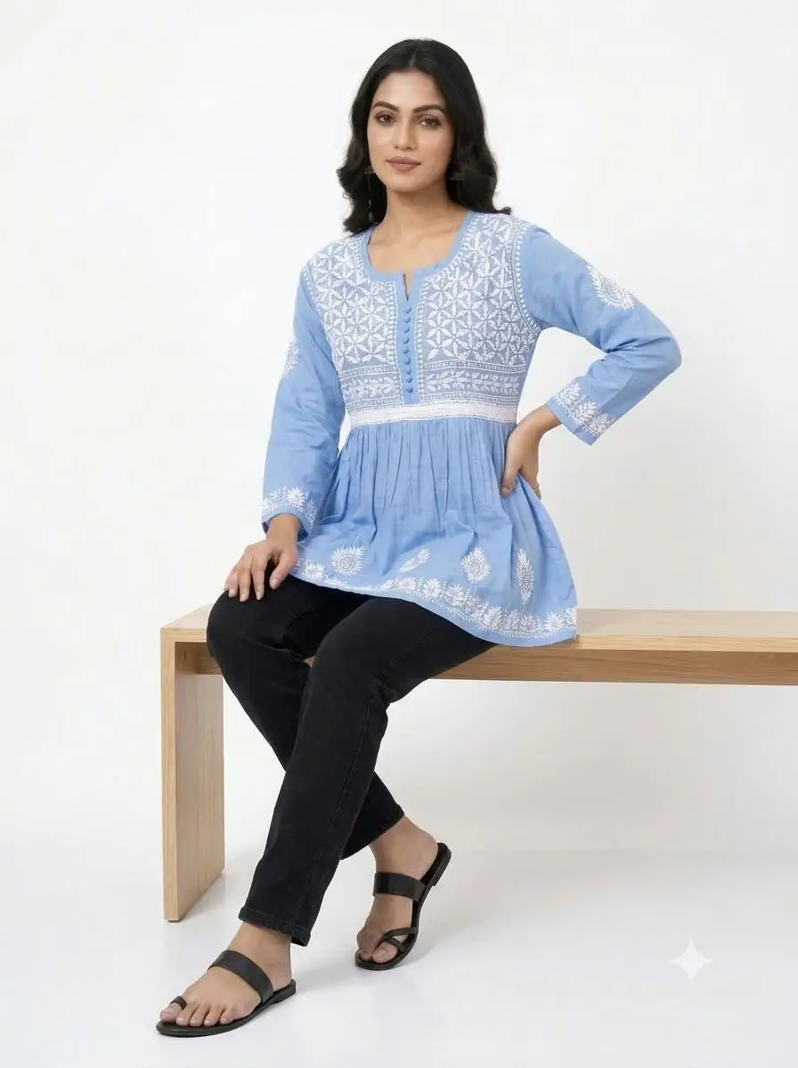 LCF CHIKAN EMBROIDERY FROCK STYLE SHORT TOP - BLUE view 4