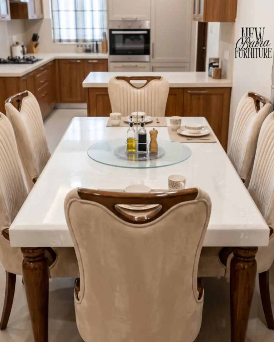 Marble Top with 6 Seater teek Wood Brown Dining Table Set