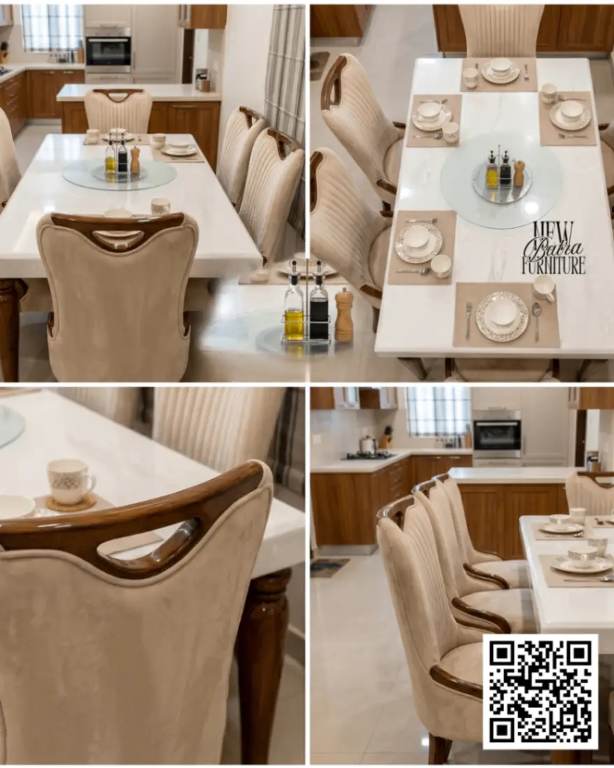 Marble Top with 6 Seater teek Wood Brown Dining Table Set view 2
