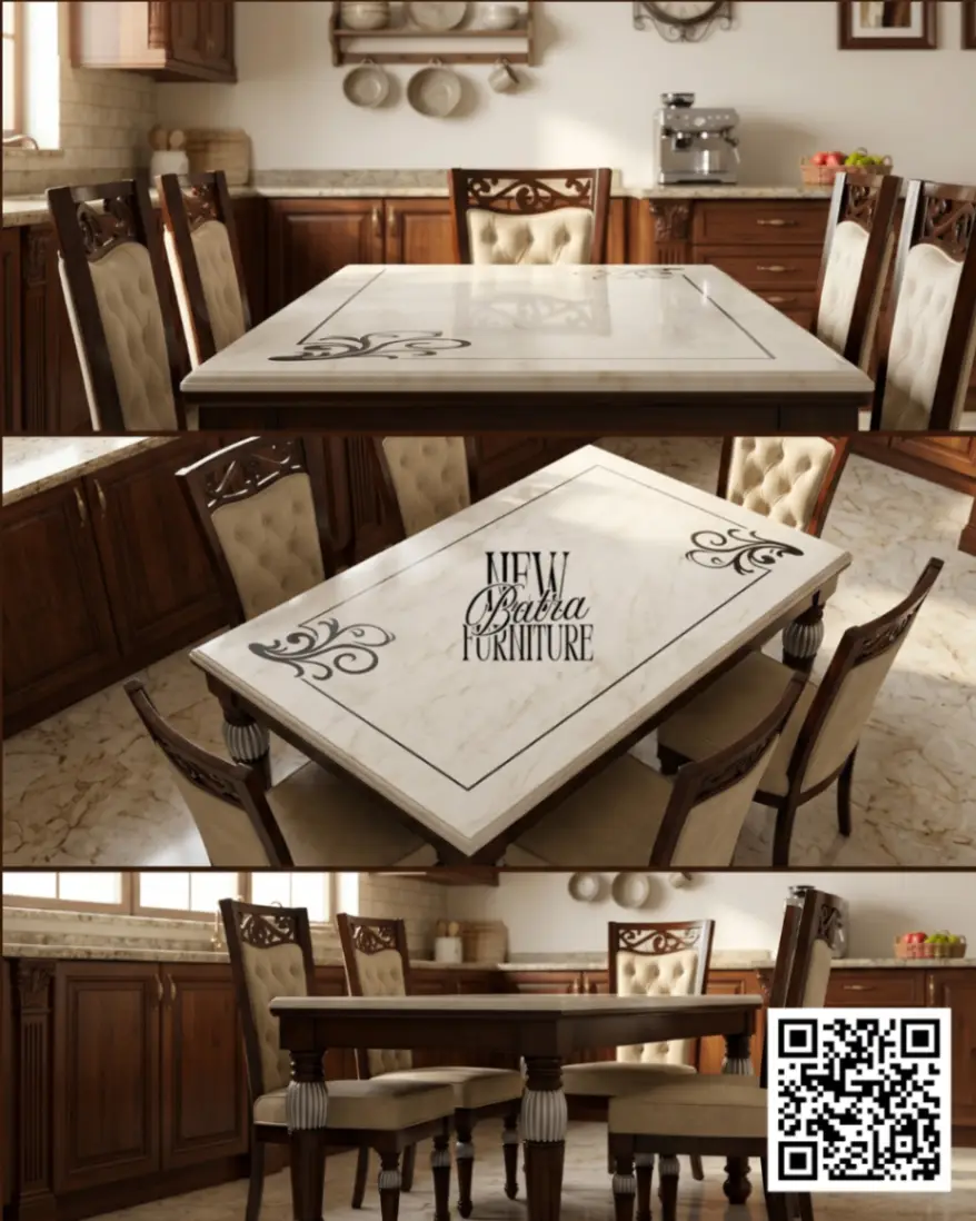 White Marble Rectangular Dining Table with Teekwood view 2