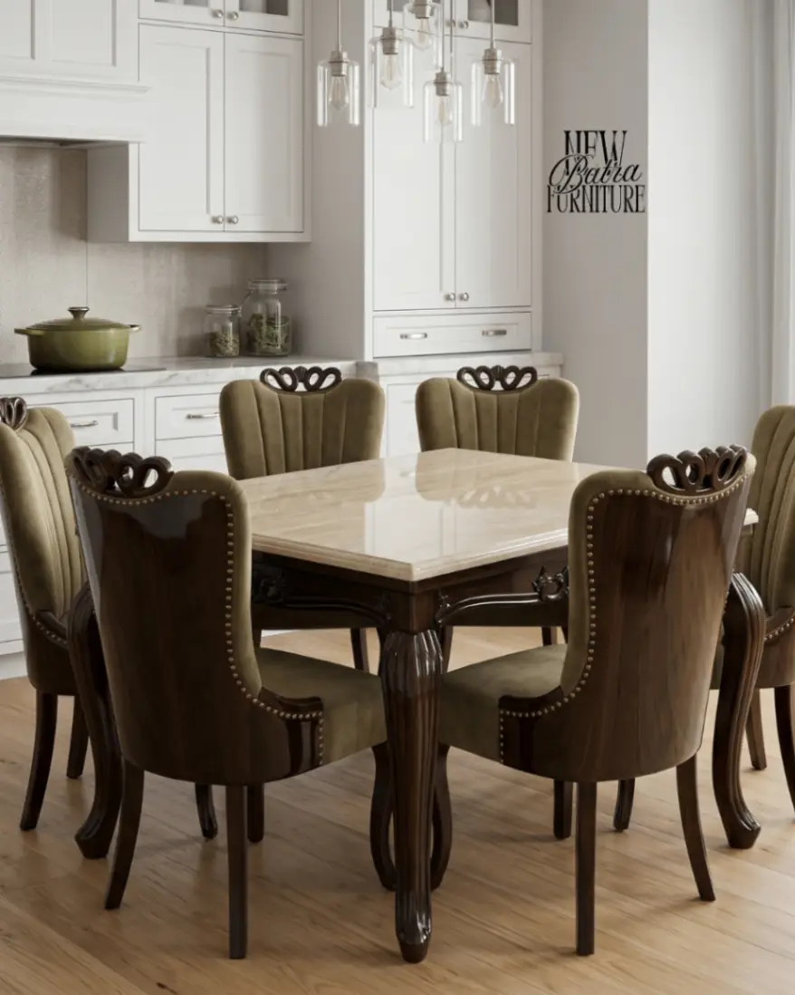 Marble Rectangular Beige 6 Seater Dining Set dark brown